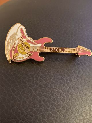 Hard Rock Cafe Seoul Pink Guitar Pin With White Crane (closed Cafe)