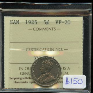1925 Key Date Canada Five Cents - Iccs Vf - 20