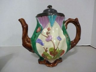 Vintage Majolica Pottery Tea Pot Flowers And Dragonfly - Pewter Lid