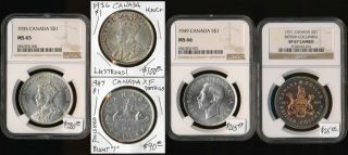 5 Canada Silver Dollars (1935 - 1971) 3 Ngc Ms65 To Sp67 Cv $700 Usd No Rsrv