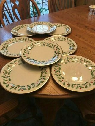 Set Of 8 Lenox Holiday Dimension Dinner Plates 10 5/8 " Holly Berry Design