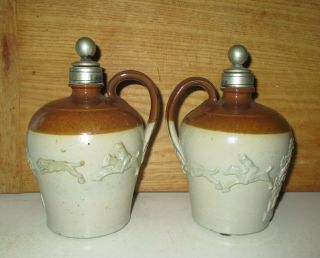 Pair Antique Royal Doulton Lambeth Stoneware Jugs With Pewter Stoppers