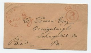 1850s Waterville Ny Red Cds Stampless Fancy Paid Over 3 In Circle Rate [ch.  21]