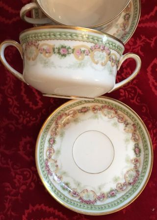Victorian French Limoges 4 Cream Soup Dishes & Plates M.  Redon - Dainty Roses 2
