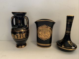 Vtg Hand Made In Greece Porcelain Black 24k Gold Urn & Vases Set Of 3 Vases
