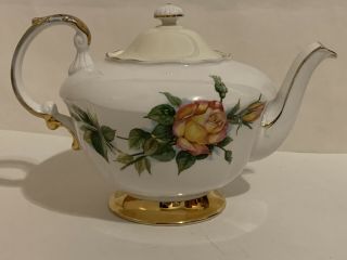 Paragon Victoriana Rose Gold Teapot Bone China Pink Yellow Roses