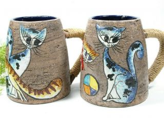 Mid Century Italian Pottery Mugs,  Painted Cat Design,  Wrapped Handles