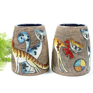 Mid Century Italian Pottery Mugs,  Painted Cat Design,  Wrapped Handles 2