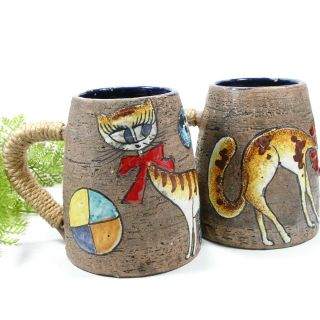 Mid Century Italian Pottery Mugs,  Painted Cat Design,  Wrapped Handles 3