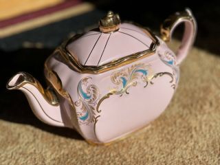 Vintage Rare Sadler Cube Teapot England Pink W/ Gold And Blue Trim 2666