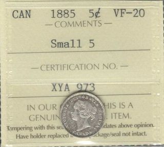 1885 Small 5 Five Cents Silver Iccs Vf - 20 Scarce Date Victoria 5¢