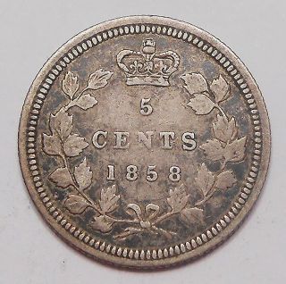 1858 Small Date Five Cents Silver Vf Scarce Queen Victoria Key 1st Canada 5¢