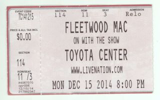 Rare Fleetwood Mac 12/15/14 Houston Tx Toyota Center Concert Ticket Stub