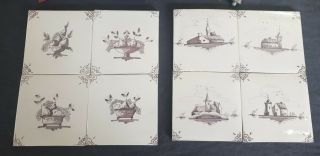 Set Of 8 (from Old Stock) Dutch Delft Handpainted Manganese Tiles.