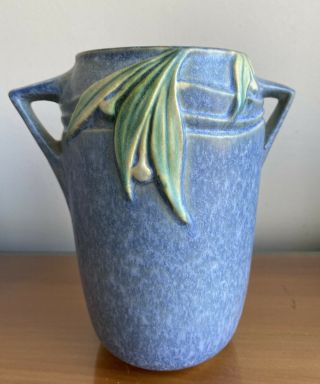 Early Roseville Velmoss 6 1/2 " Handled Vase Blue,  Green,  Tan Interior