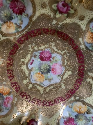Antique Nippon Bowl Hand Painted Roses Encrusted Gold & Moriage Old Mark 11” 3