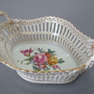 Antique Dresden Hp Reticulated Porcelain 10 " Handled Bowl Flowers Gilt Thieme