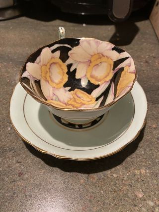 Vintage Art Deco Paragon Tea Cup Saucer Rare Daffodils Green Collectible
