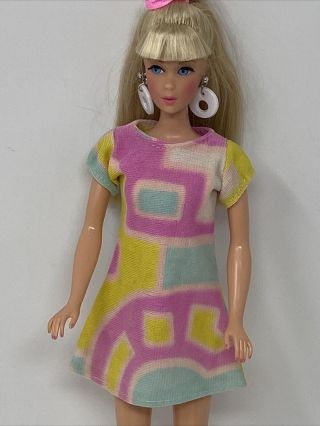 Vintage Barbie Size Clone Doll Clothes Outfit Mod Era Pink Yellow Mini Dress