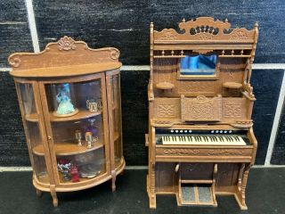 Vtg Miniature Doll House Furniture Piano And China Cabinet W/ Display Contents