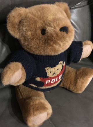 Vintage 1997 Ralph Lauren Polo Logo Blue Sweater Stuffed Plush Teddy Bear 15”