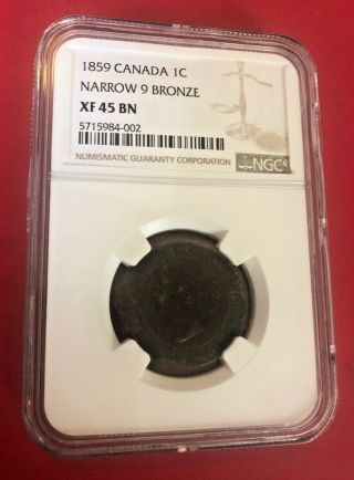 1859 Canada Large Cent Narrow 9 Bronze Ngc Xf 45 Bn