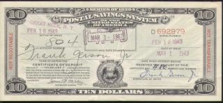 $10 Series Of 1939 Postal Savings System Certificate