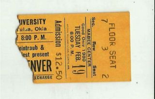 John Denver - Concert Ticket Stub - Feb.  1980 - Tulsa,  Ok - Mabee Center - Oru