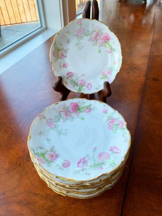 Antique Limoges Elite Floral Dessert Plates Set Of 8 Gold Edges 6 7/8 " Dia