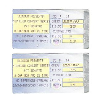 Pat Benatar 8/29/1988 Blossom Cleveland Two Concert Ticket Stubs