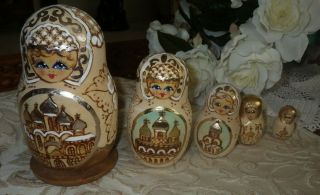 Russian Matryoshka Nesting Dolls Hand Painted Wood Burned 5 Piece Set Cond