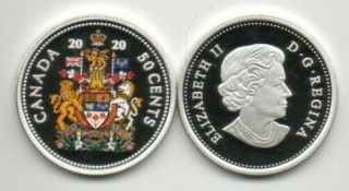2020 Canada Pure Silver Colored Proof,  Coat Of Arms 50¢,  Low Mintage Of 7,  000