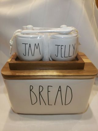 Htf Rae Dunn “jam” & “jelly” W/ Wood Tray And Serving Spoons And " Bread " Box