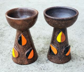 S/2 Aldo Londi Bittosi Italian Art Pottery Candle Holders W Applied Leaves