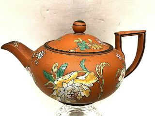 C.  1875 Wedgwood Rosso Antico Floral Enameled Teapot & Colorful - Details