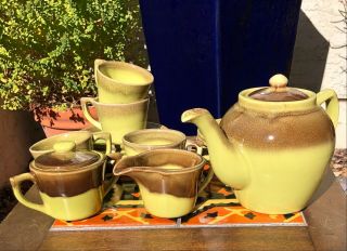 Rare Two - Tone Chartreuse/brown Bauer Pottery Mission Moderne Coffee Dessert Set