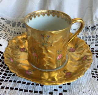 French Porcelain Limoges Tea Cup And Saucer Heavy Gold Gilt And Roses