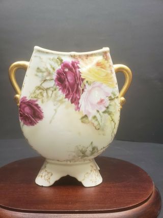 Antique M Redon Elite Limoges Hand Painted Crescent Vase With Roses 6 " Signed