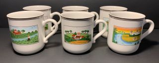 Villeroy & Boch Design Naif Set Of Six (6) 3 5/8 " Mugs Country Scenes Rooster