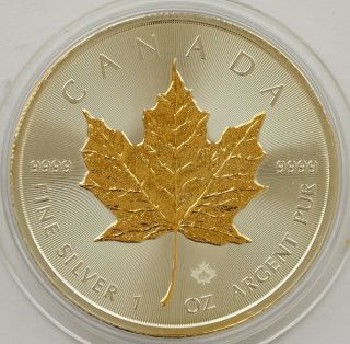 Canada 5 Dollars 2016 Maple Leaf Gold Plated 1 Oz Silver.  9999 Coin