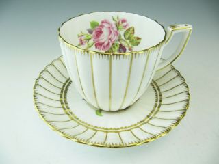 Royal Chelsea Bone China Ribbed Cup & Saucer Large Pink Cabbage Roses 4766a