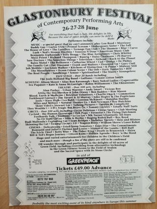 Glastonbury Festival Flyer 1992 App 22x30cm Morrissey Primal Scream Blur Dodgy