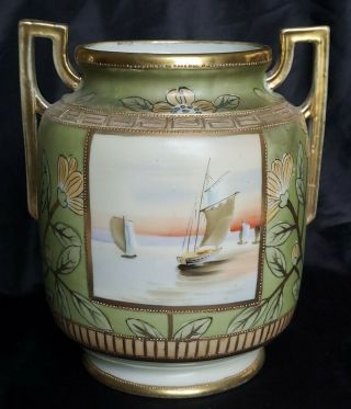 Antique Nippon Morimura Double Handle Vase Moriage Gold Gilt Hp Seascape&floral