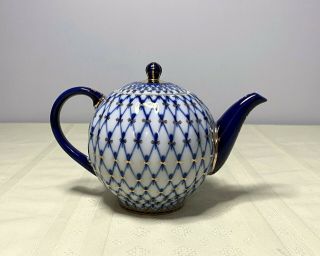 Russian Imperial Lomonosov Porcelain Teapot " Cobalt Net ",