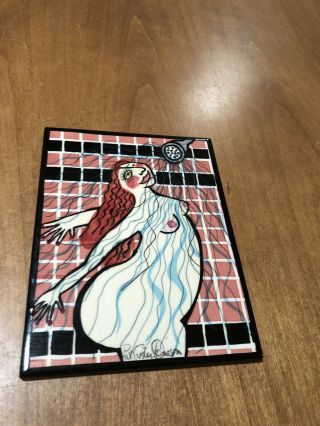Pat Custer Denison Art Pottery Nude Shower Woman 8x6 Tile Signed