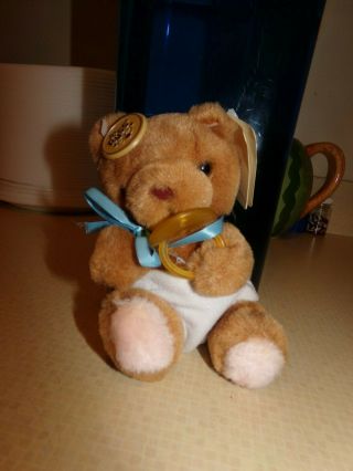 Vintage Russ Bear Baby Bibi Plush With Toy Pacifier 7 " Caress Soft Pets W/ Tags.