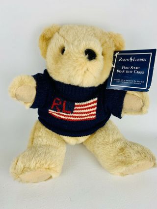 Ralph Lauren Polo 14 " Stuffed Teddy Bear Usa Flag Sweater Plush Vintage 1996 Nwt