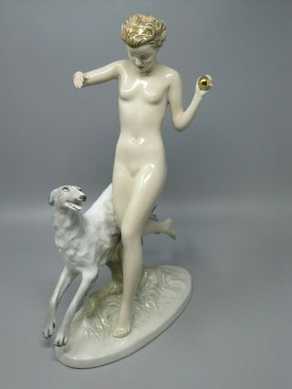 Royal Dux Bohemia,  Diana The Huntress W/ Borzoi Dog,  Fine Porcelain Statue 14 "