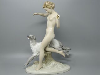 Royal Dux Bohemia,  Diana The Huntress W/ Borzoi Dog,  Fine Porcelain Statue 14 