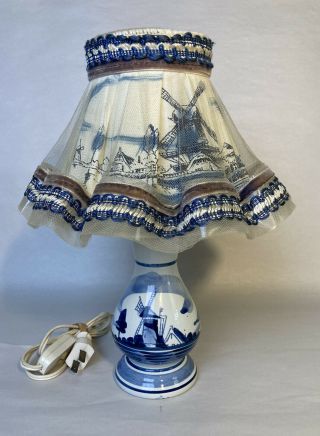 Vintage Dutch Delfts Blue & White Lamp W/shade - Hand Painted Windmill Holland